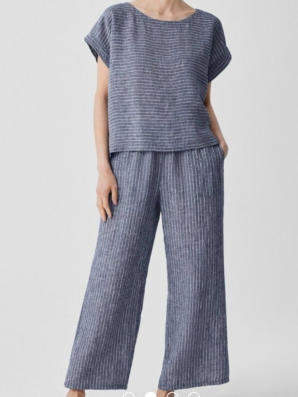 Eileen Fisher Blue-Striped Wide Leg Linen Pants